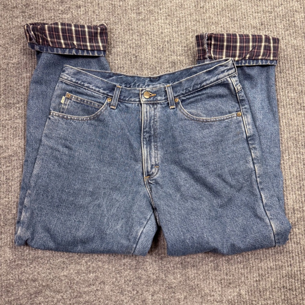 LL Bean Double L Classic Fit Flannel Lined Jeans Blue Plaid 34x32 Mens 3879